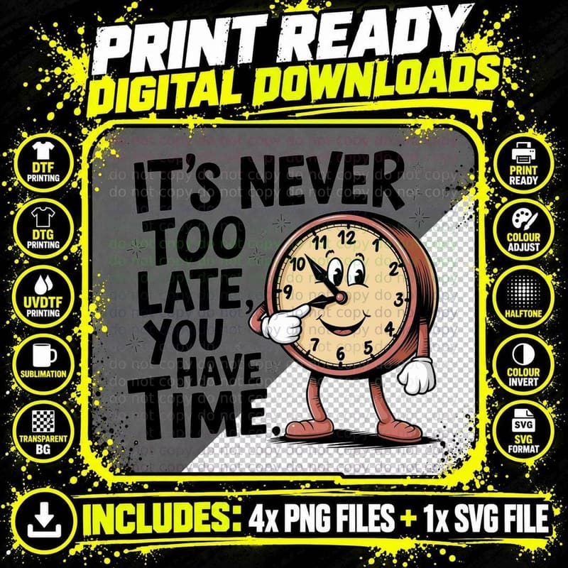 It's Never Too Late You Have Time. Inspirational Png SVG Digital Bundle