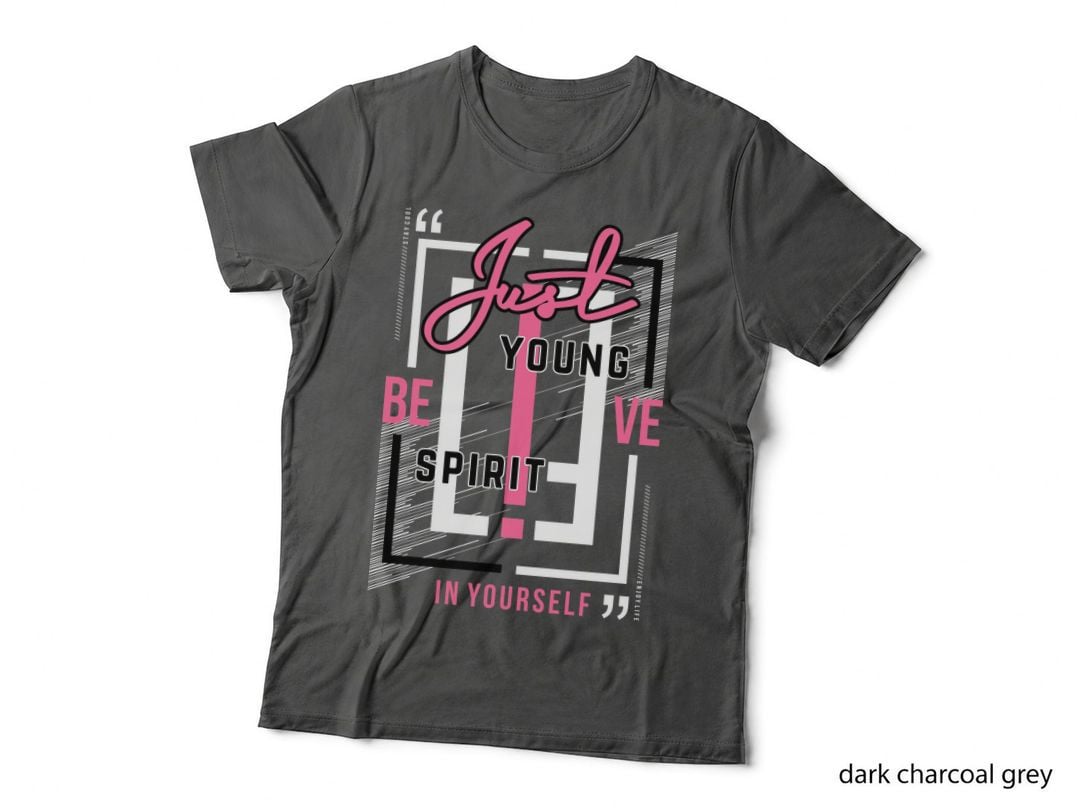Just Young Be Spirit in Yourself Pink Cursive Script Motivational Black T-Shirt