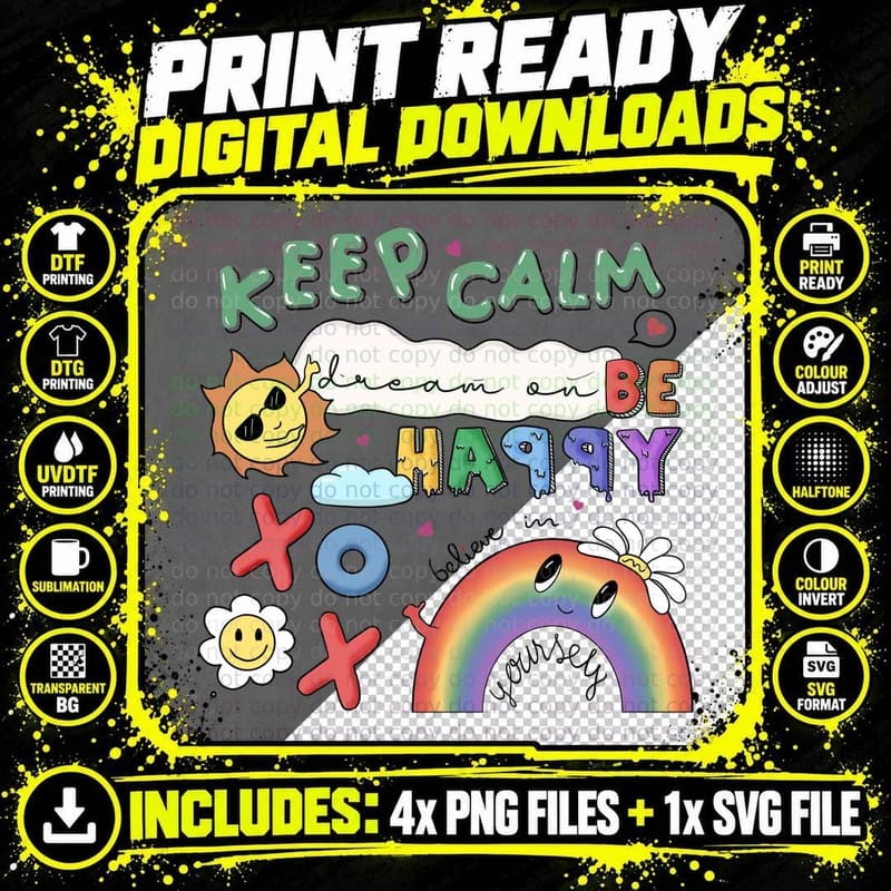 Keep Calm Dream on Be Happy Believe in Yourself Positive Png SVG Digital Bundle