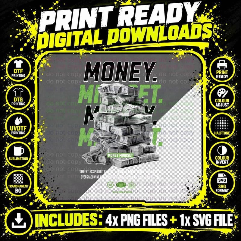 Money Mindset Dollar Bills Stack Green Black Greed Png SVG Digital Bundle
