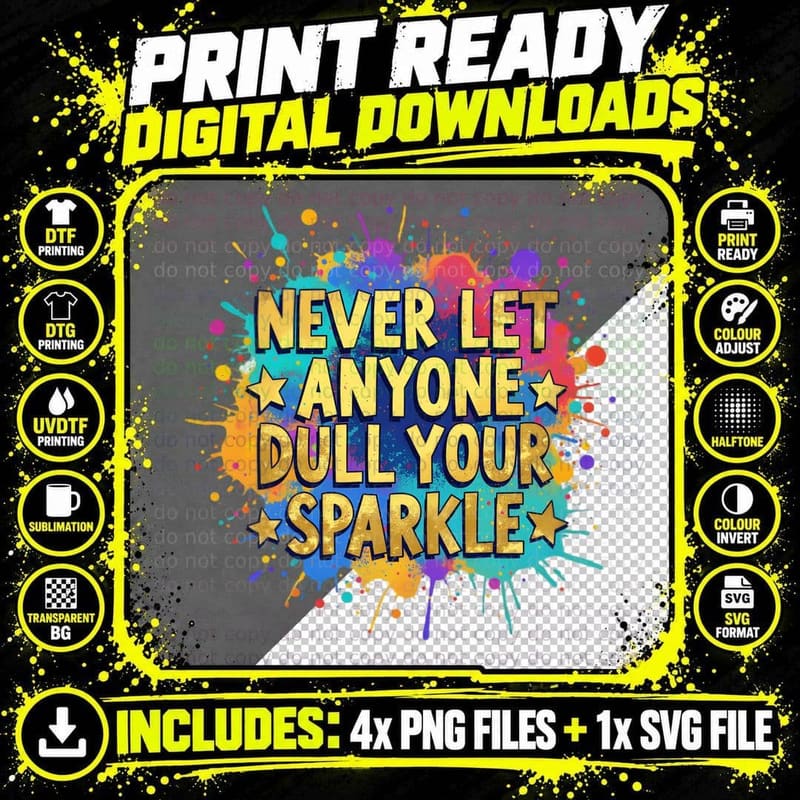 Motivational Never Dull Your Sparkle Paint Splatter Png SVG Digital Bundle