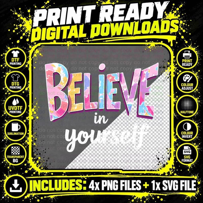 Motivational Phrase Believe in Yourself Pastel Marbled Png SVG Digital Bundle