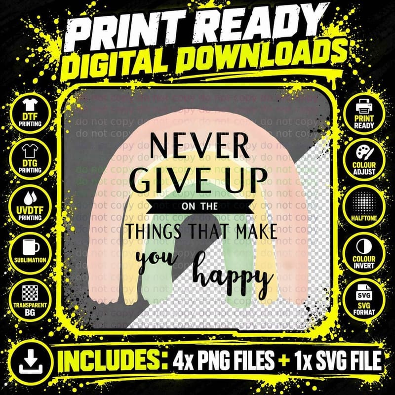 Never Give up Pastel Watercolor Rainbow Uplifting Png SVG Digital Bundle