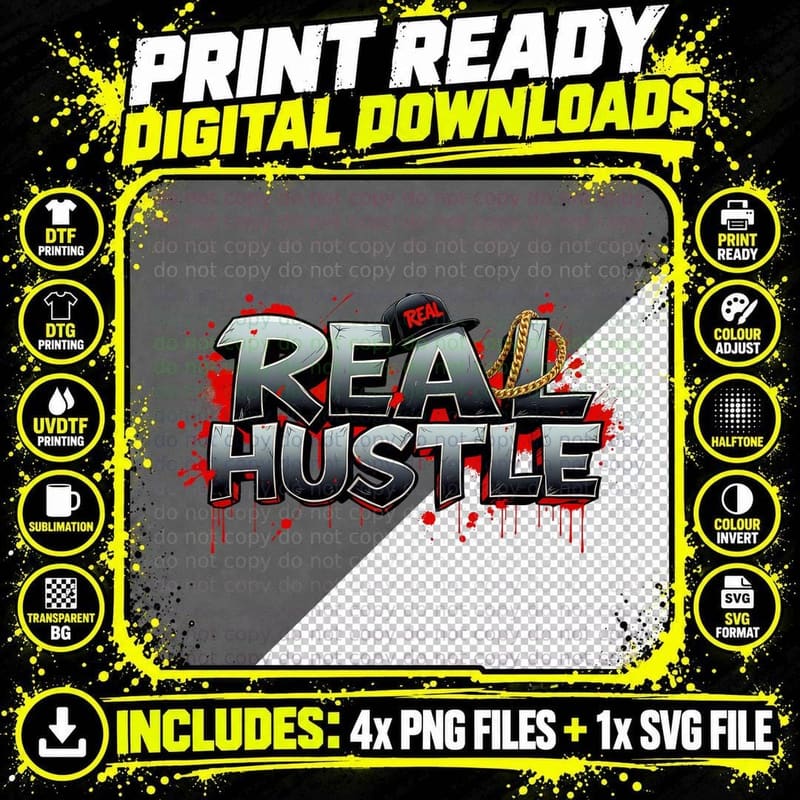 Real Hustle Graffiti Streetwear Cap Gold Chain Graphic Png SVG Digital Bundle