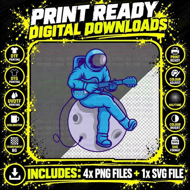 Astronaut Playing Guitar Moon Space T-Shirt Png SVG Digital Bundle
