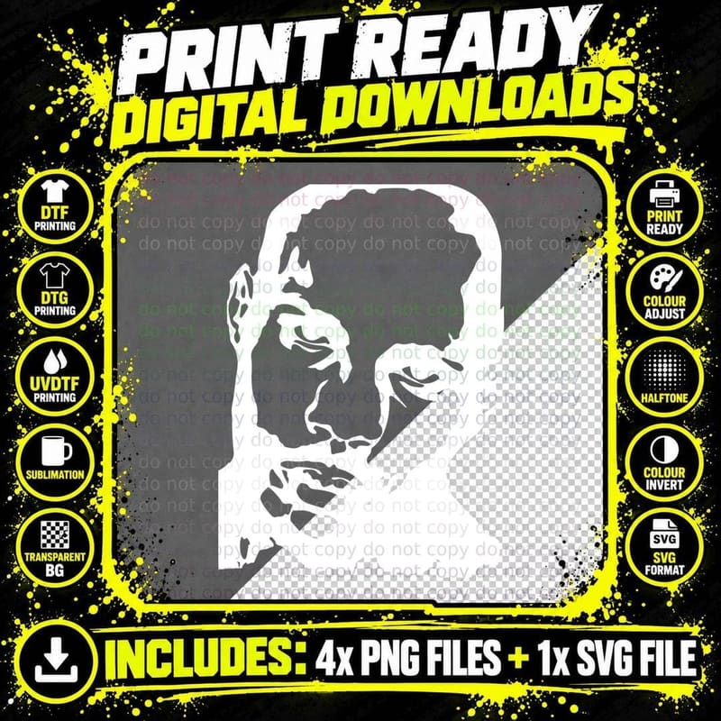Bald Man with Intense Stare Close-Up Vector Stencil Png SVG Digital Bundle