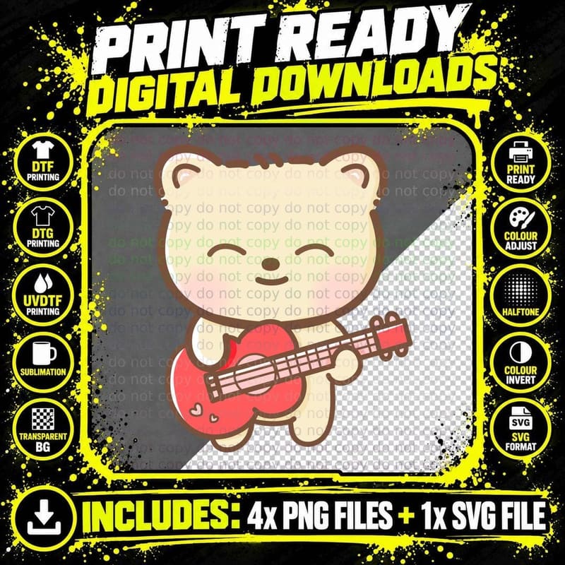 Bear Guitar Playing Heart Musician Romantic T-Shirt Png SVG Digital Bundle