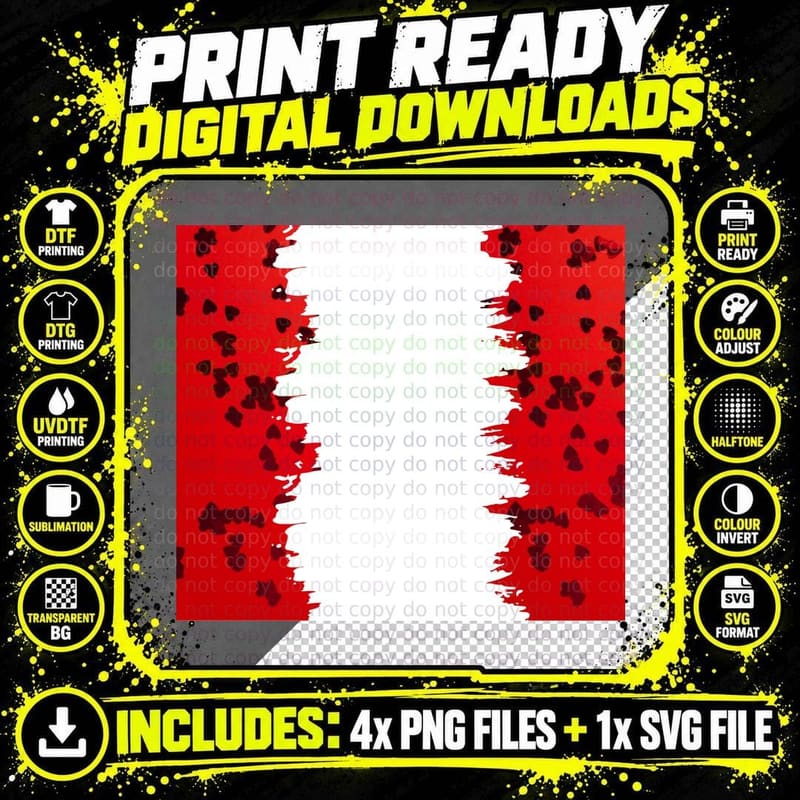 Black Red Hearts Grunge Splatter Background T-Shirt Png SVG Digital Bundle