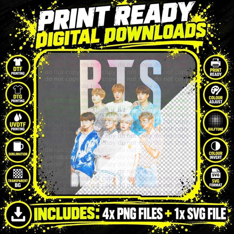 Bts K-Pop Band Group Photo Promotional T-Shirt Png SVG Digital Bundle