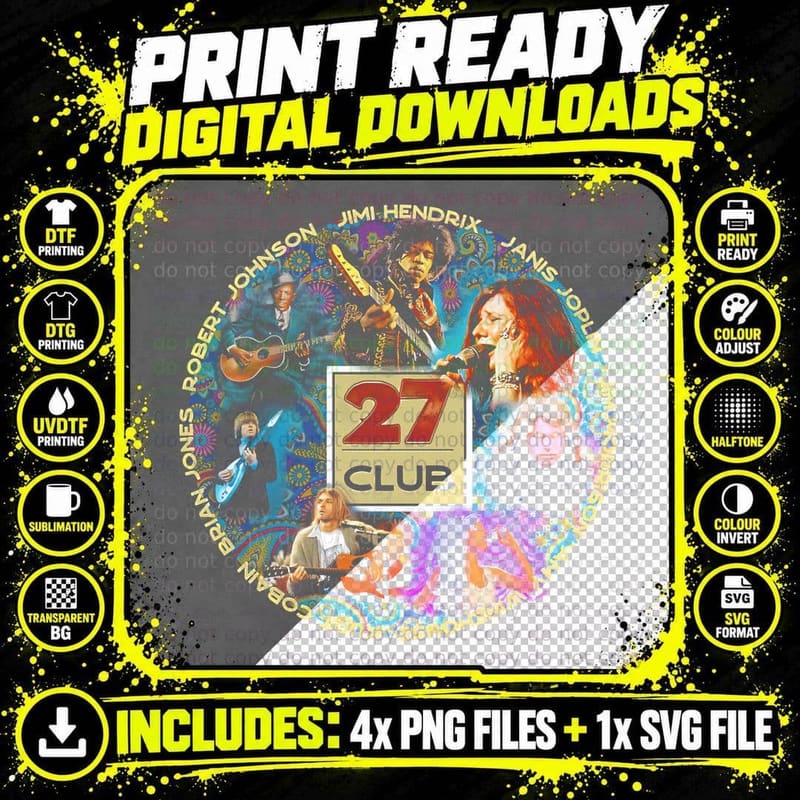 Cartoon 27 Club Colorful Music Band Legend Tribute Png SVG Digital Bundle