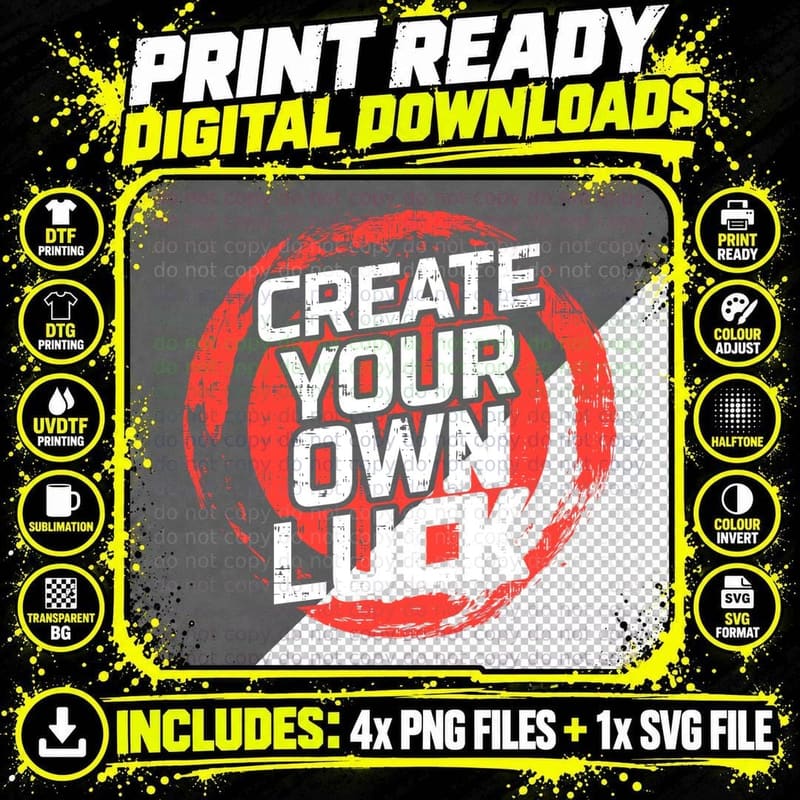 Circular Bold Typography Create Your Own Luck Red Grunge Png SVG Digital Bundle