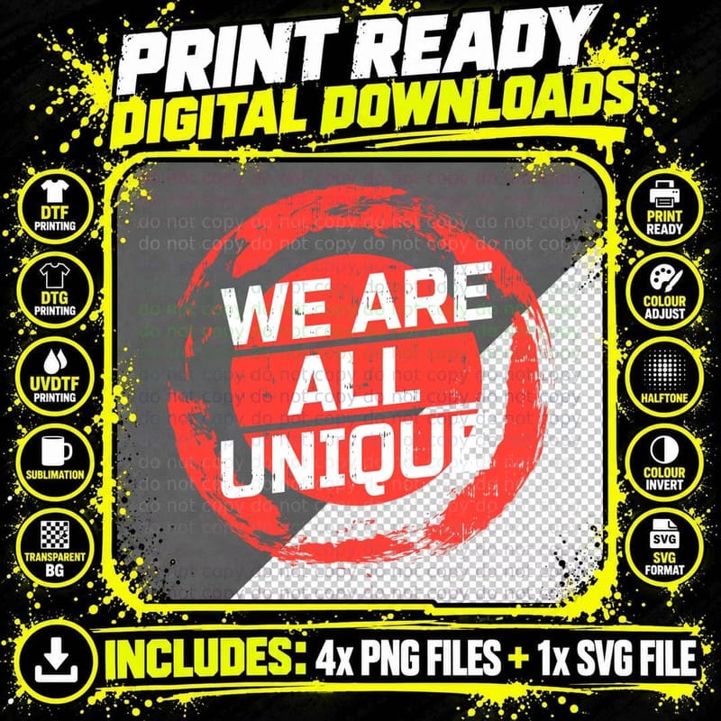 Circular Bold Typography We Are All Unique Red Grunge Png SVG Digital Bundle