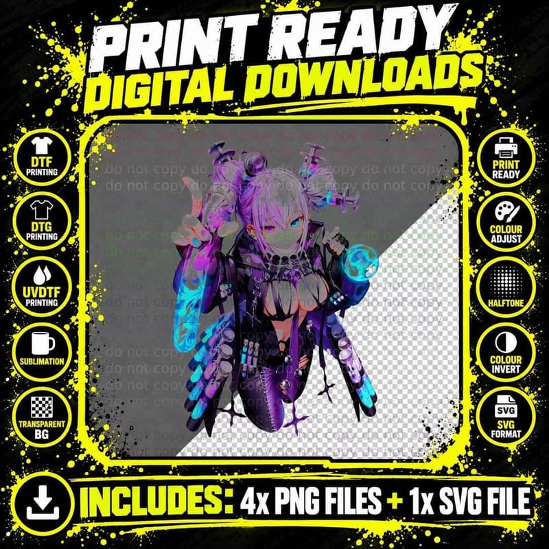 Female Tech Punk Halftone Girl Purple Hair Cyberpunk Png SVG Digital Bundle