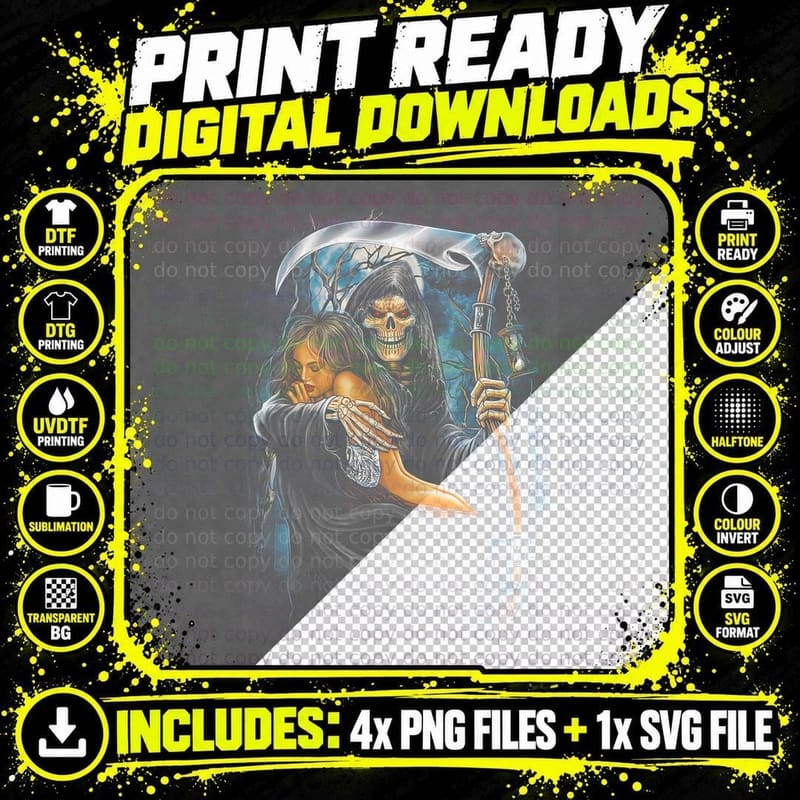 Grim Reaper with Woman Skeletal Embracing Scythe Png SVG Digital Bundle