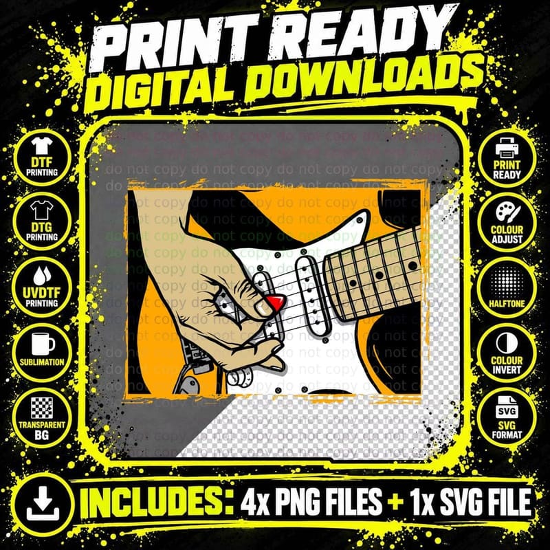 Guitar Player Electric Musician Orange Black Border Png SVG Digital Bundle