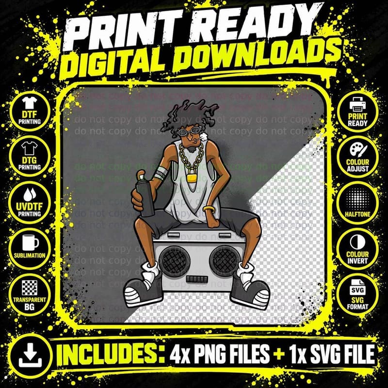 Hip Hop Character Boombox Speaker Gold Chain Dreadlocks Png SVG Digital Bundle