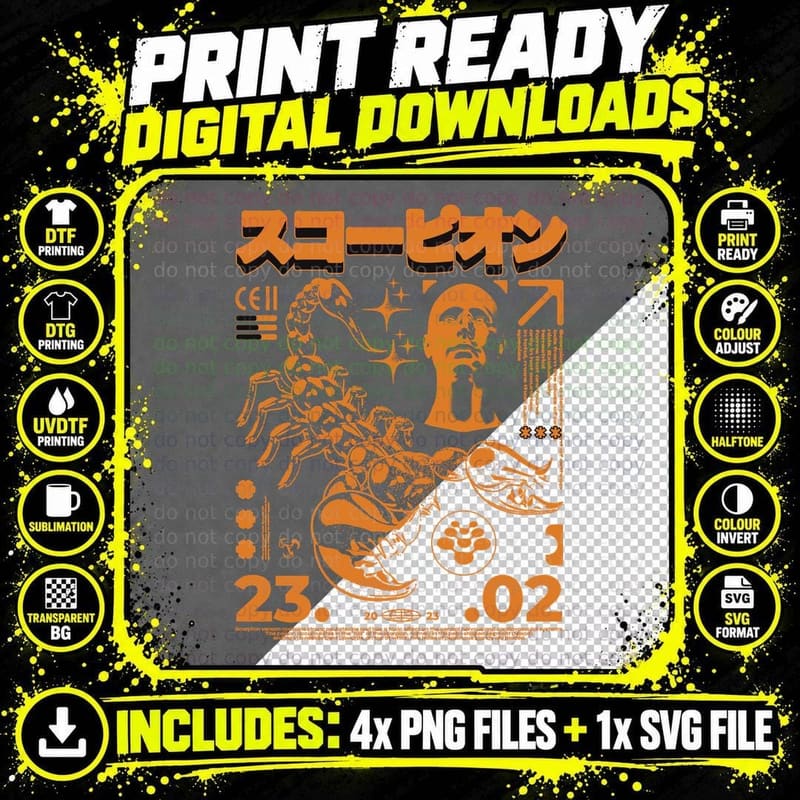 Japanese Orange Metal Halftone Figures Urban Y2k T-Shirt Png SVG Digital Bundle