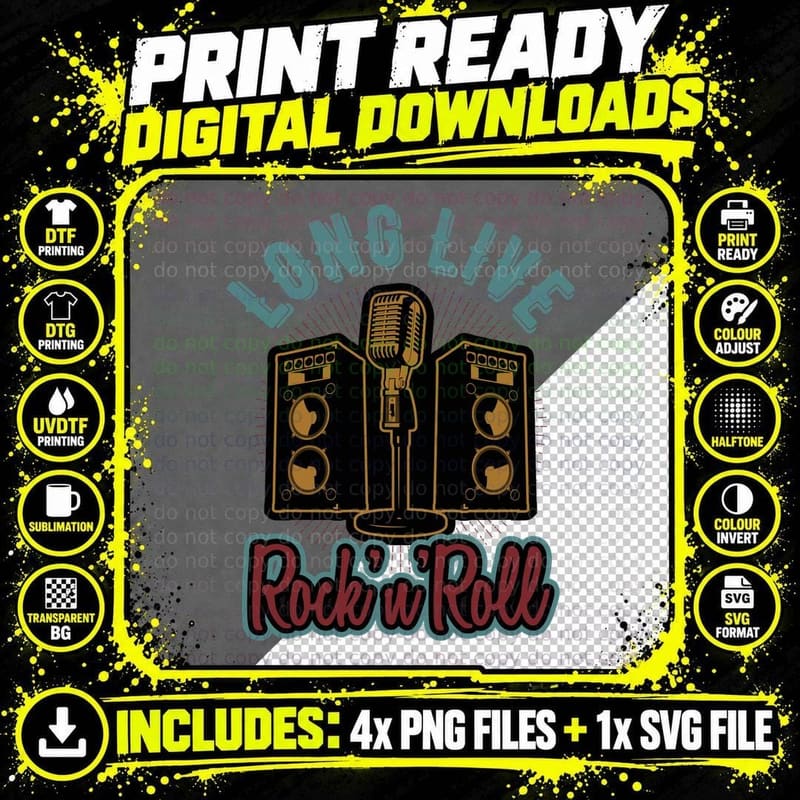 Long Live Rock'n'roll Vintage Microphone with Speakers Png SVG Digital Bundle