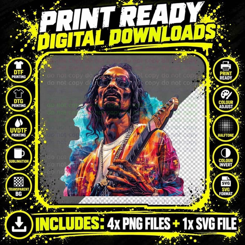 Male Musician Playing Guitar Long Curly Hair Sunglasses Png SVG Digital Bundle
