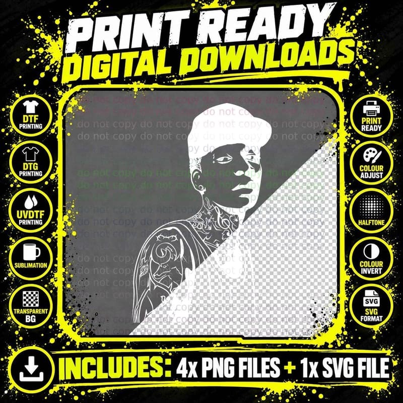 Man with Flat Brim Cap and Neck Tattoos Vector Stencil Png SVG Digital Bundle
