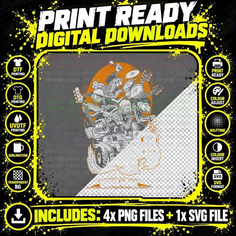 Mendadak Cartoon Monster Band in Off-Road Truck Orange Png SVG Digital Bundle