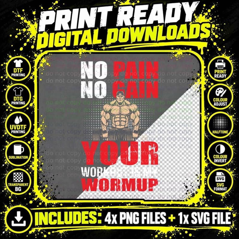 No Pain Gain White Red Text Muscular Man Dumbbell Grunge Png SVG Digital Bundle