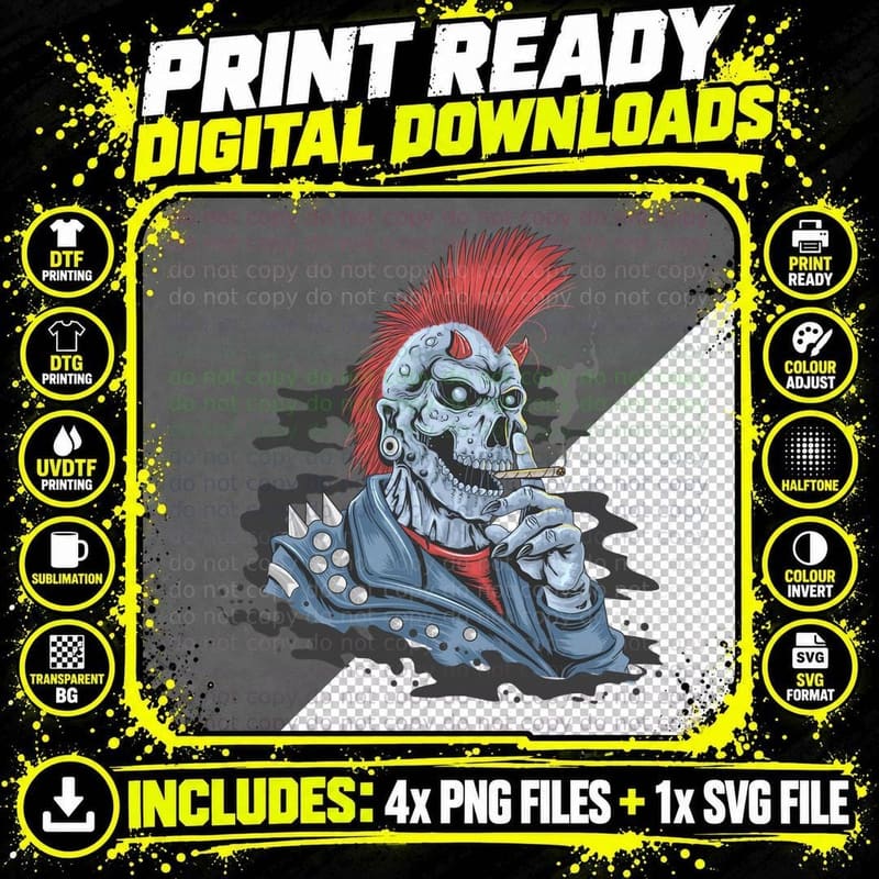 Punk Rock Skull Red Mohawk Spikes Distressed Streetwear Png SVG Digital Bundle