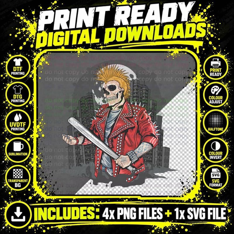 Punk Skull Mohawk Red Jacket Baseball Bat Streetwear Png SVG Digital Bundle
