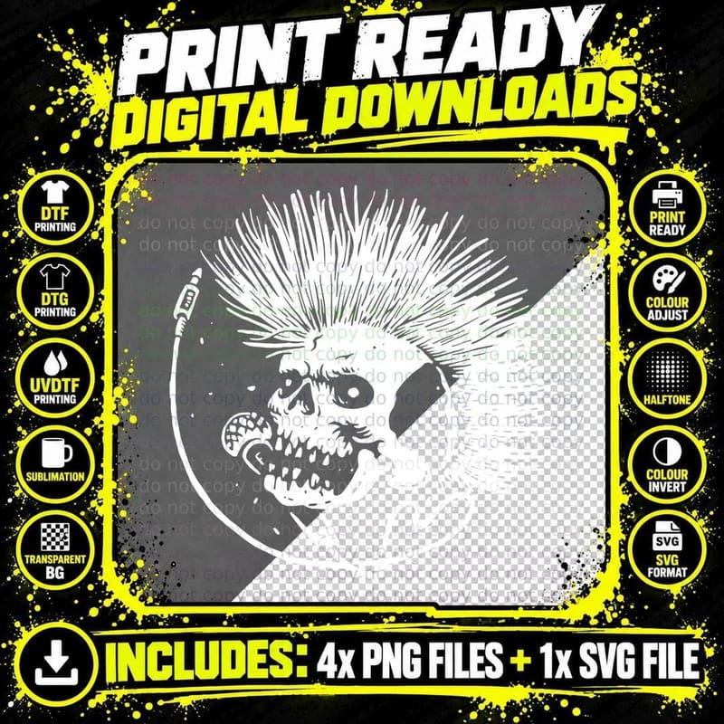 Punk Skull with Spiky Hair Rocker Style T-Shirt Png SVG Digital Bundle