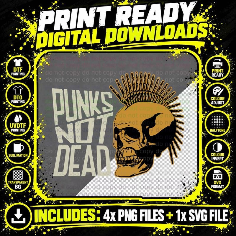 Punks Not Dead Skull with Spiked Hair Punk Rock Png SVG Digital Bundle