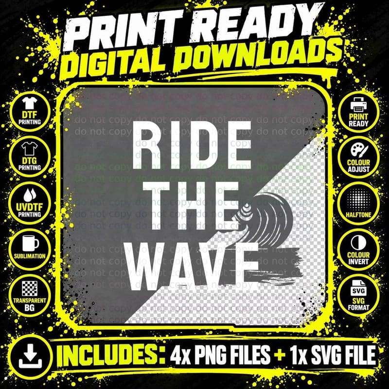 Ride the Wave Silhouette Surfer Grunge Streetwear T-Shirt Png SVG Digital Bundle