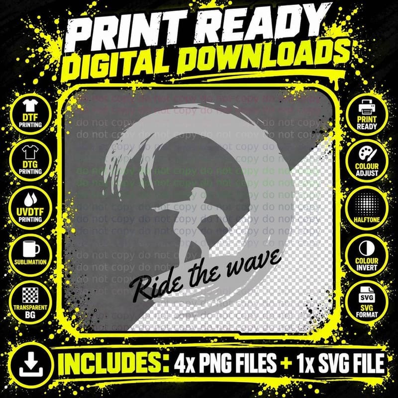 Ride the Wave Surfer Spiral Grunge Streetwear Silhouette Png SVG Digital Bundle
