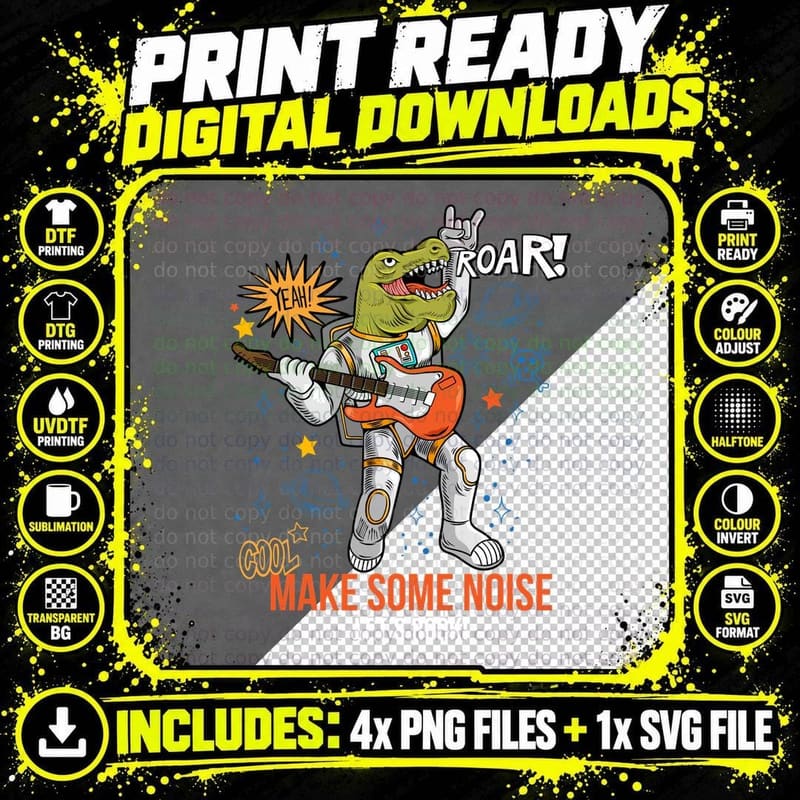 Roaring Dinosaur Roar Make Some Noise Let's Rock Green Png SVG Digital Bundle
