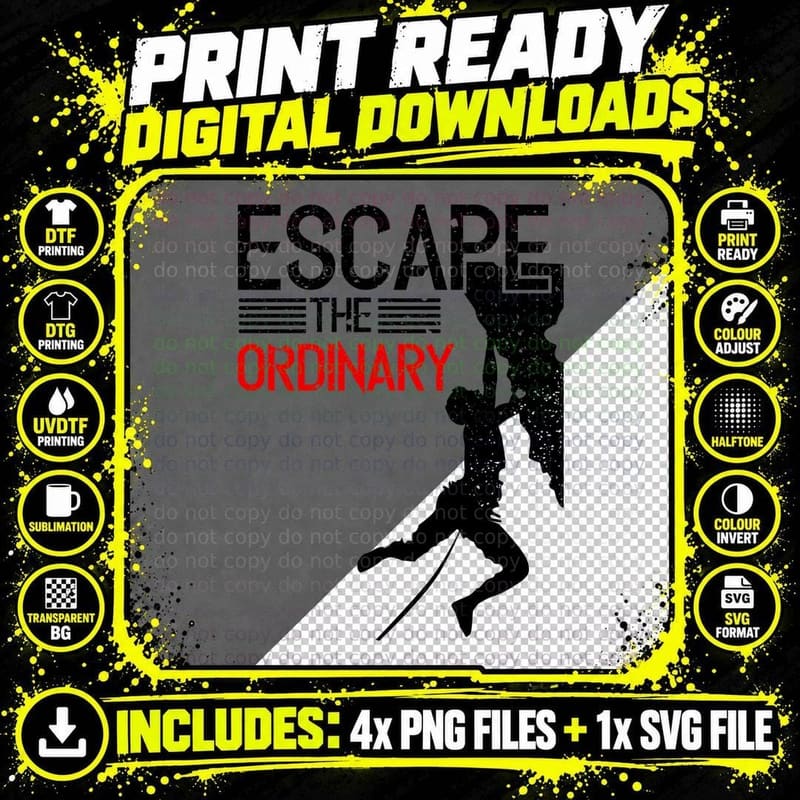 Rock Climber Silhouette Escape the Ordinary Black Red Png SVG Digital Bundle