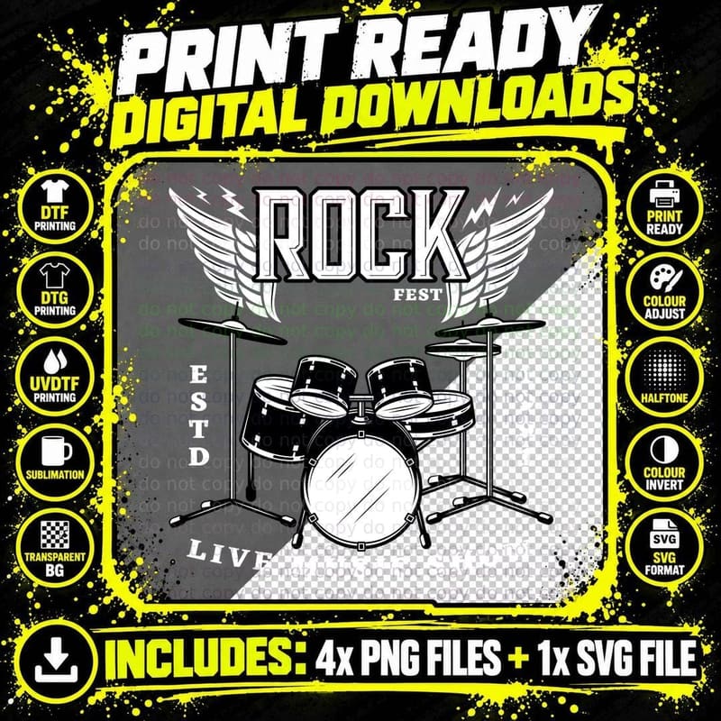 Rock Fest Estd 1991 Live Music Show Drums Wings Png SVG Digital Bundle