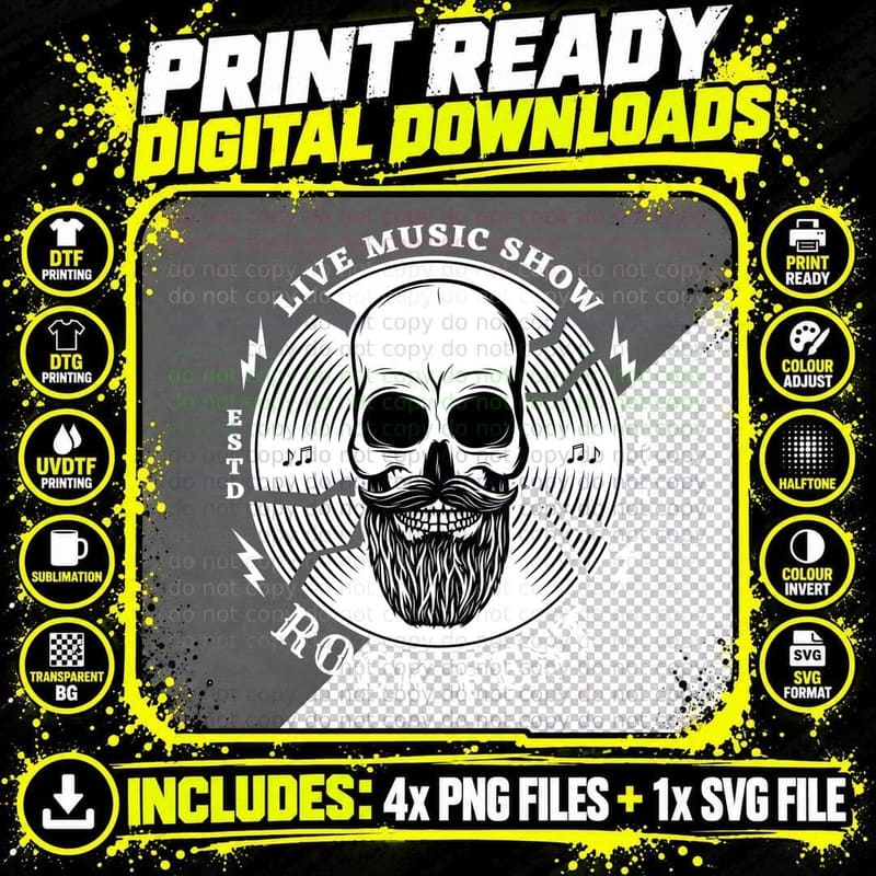 Rock Fest Live Music Show Estd 1991 Skull Beard Wings Png SVG Digital Bundle
