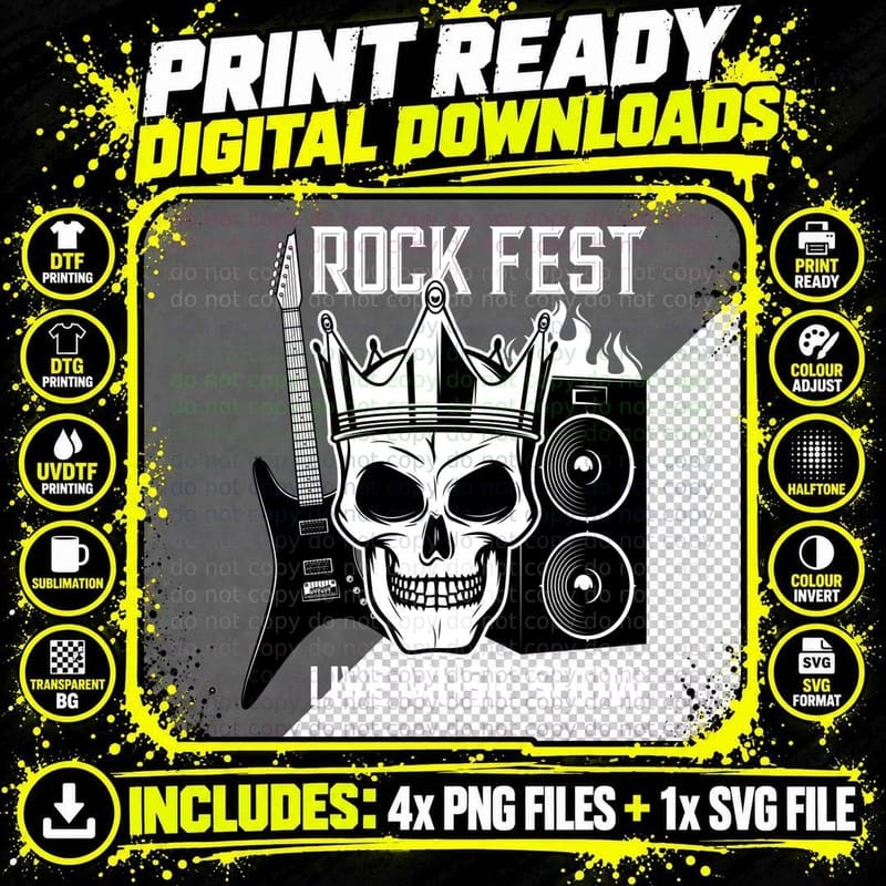 Rock Fest Live Music Show Skull Crown Guitar Speaker Png SVG Digital Bundle