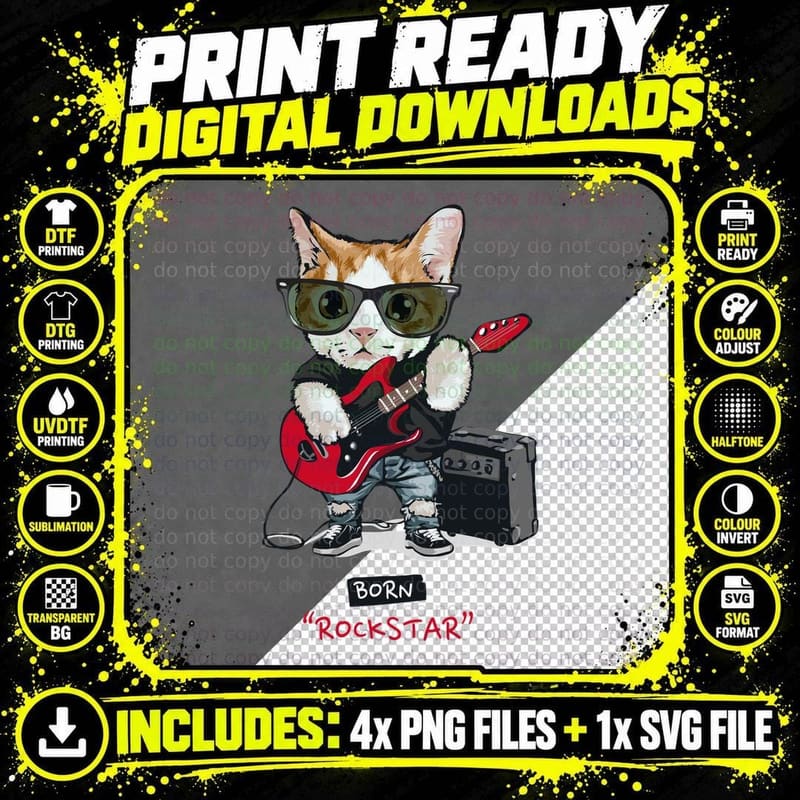 Rock Star Cat Born Rockstar Playing Red Guitar Musician Png SVG Digital Bundle