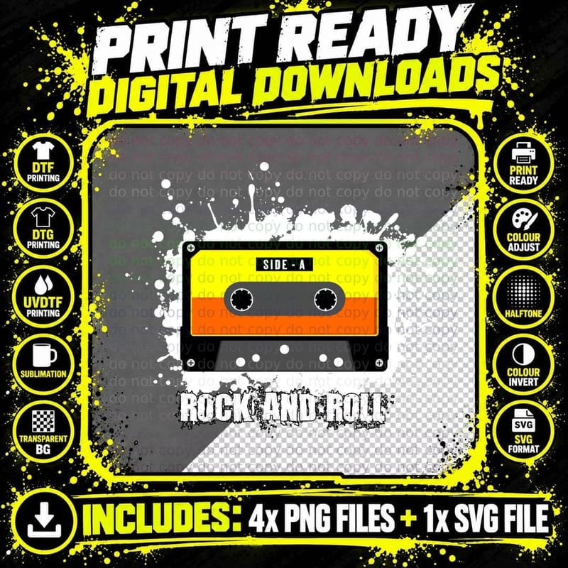 Rock and Roll Side-A and Cassette Tape Yellow Orange Png SVG Digital Bundle