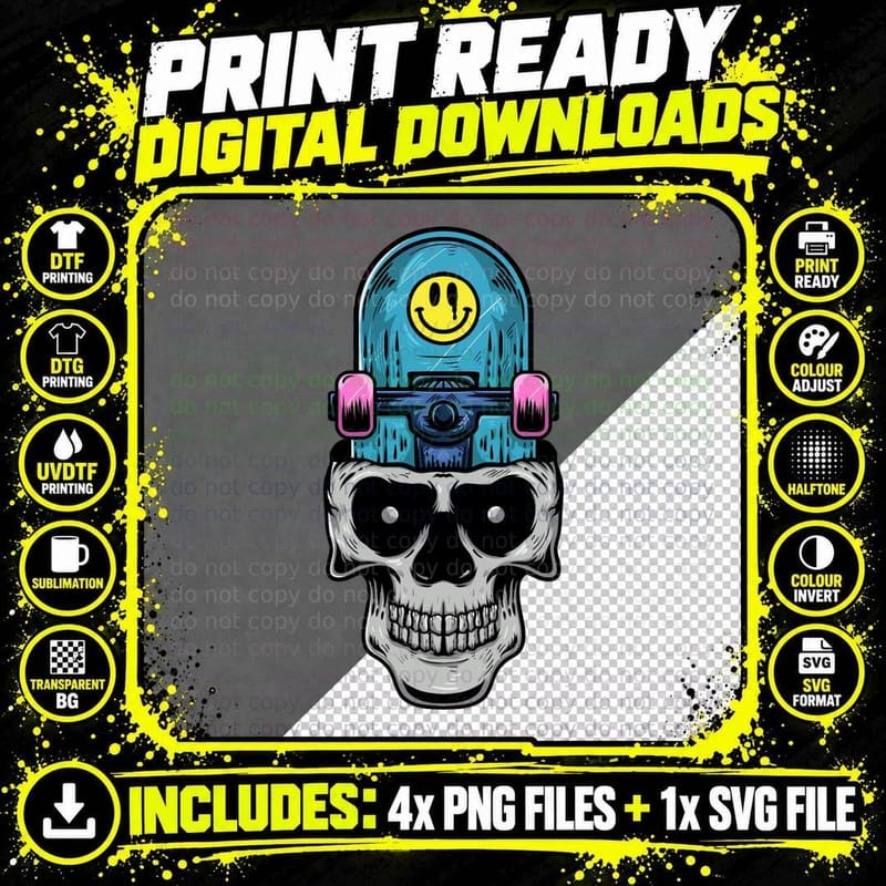 Skateboard Skull Pink Magenta Yellow Smiley Face Punk Png SVG Digital Bundle