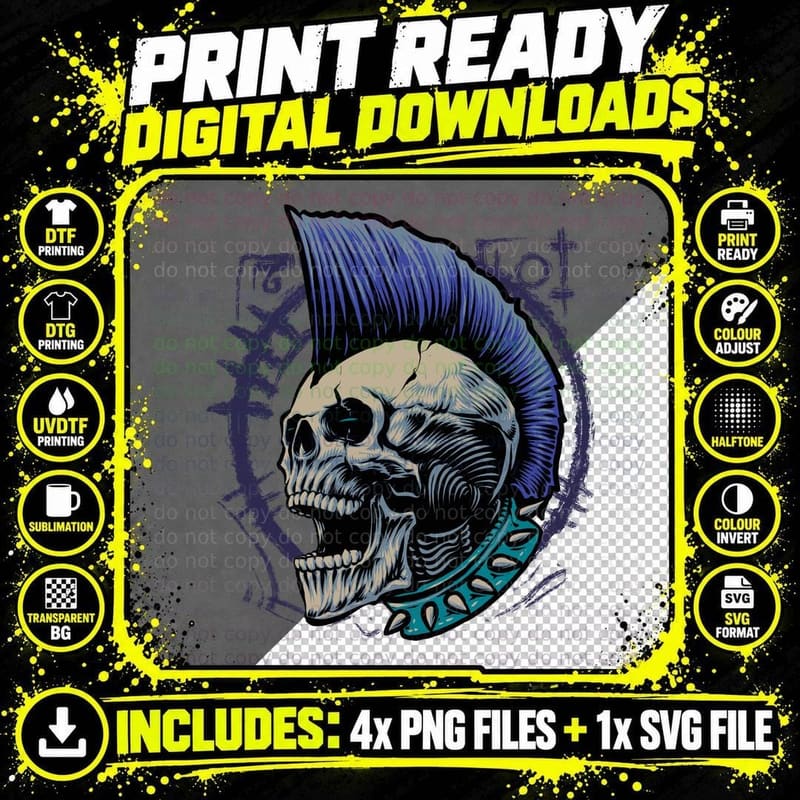 Skull Mohawk Punk Purple Blue Hair Cyan T-Shirt Png SVG Digital Bundle