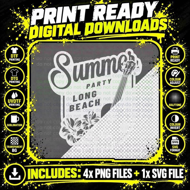 Summer Party Retro Long Beach Vintage Badge with Guitar Png SVG Digital Bundle