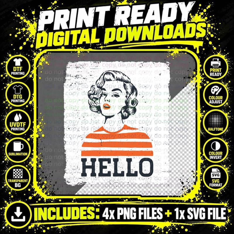 Vintage Woman Hello Retro Portrait 1950s Grunge Png SVG Digital Bundle