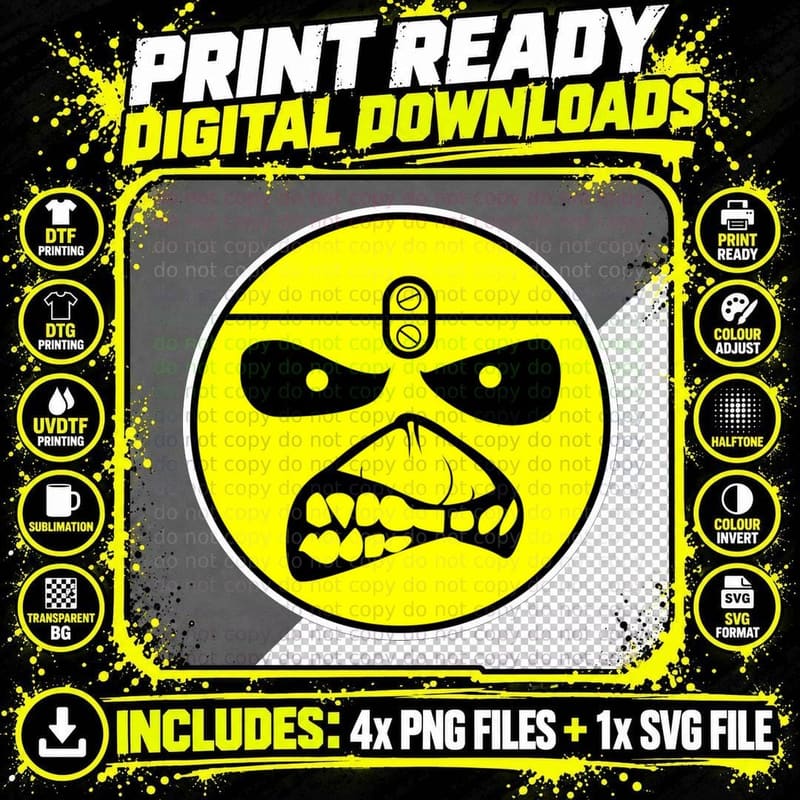 Yellow Face Circle Angry Skull Halftone T-Shirt Png SVG Digital Bundle