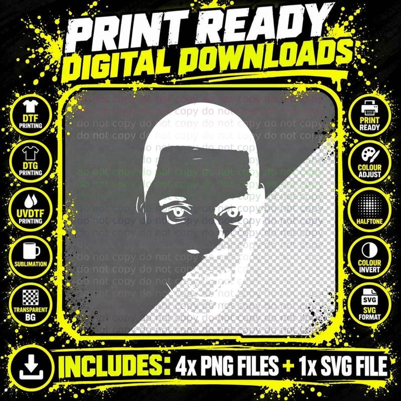 Young Male Portrait Black Grey Stencil Short Hair Png SVG Digital Bundle