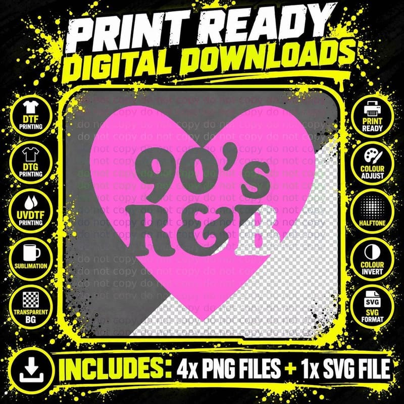 90's R&b Love Heart Rnb Music, 1990s Vintage Style Png SVG Digital Bundle