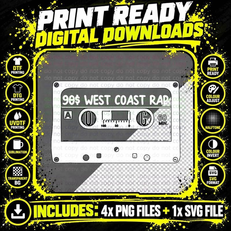 90s Music West Coast Hip Hop Cassette, Vintage Rap Png SVG Digital Bundle