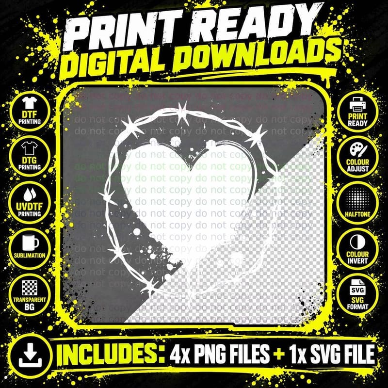 Barbed Wire Heart Grunge Punk Goth Gothic Emo Aesthetic Png SVG Digital Bundle