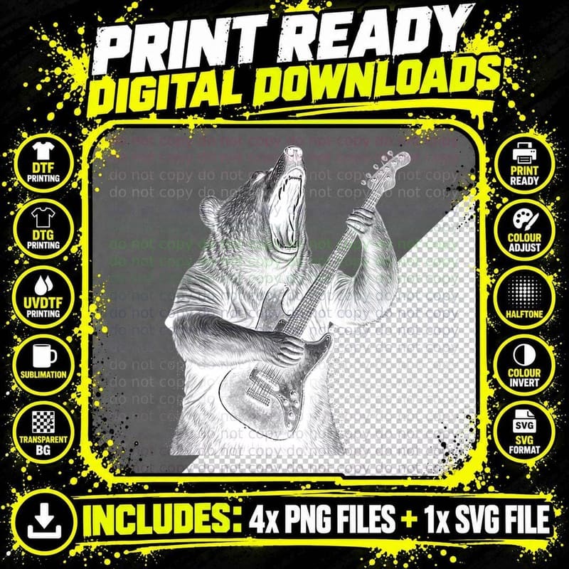 Bear Playing Bass Guitar Bear Guitarist Music Lovers Png SVG Digital Bundle