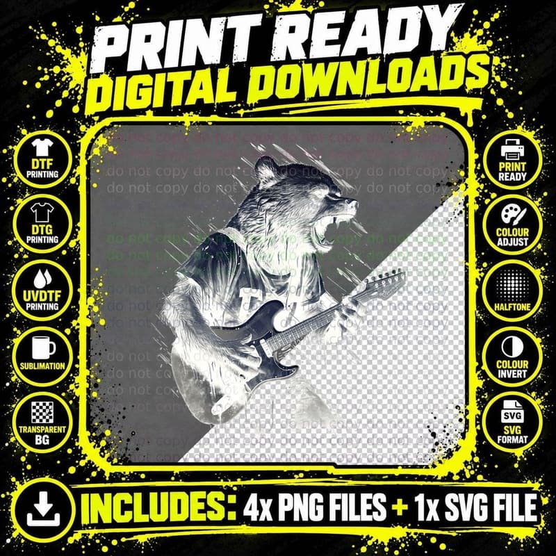 Bear Playing Bass Guitar Guitarist Rocker Cool Png SVG Digital Bundle